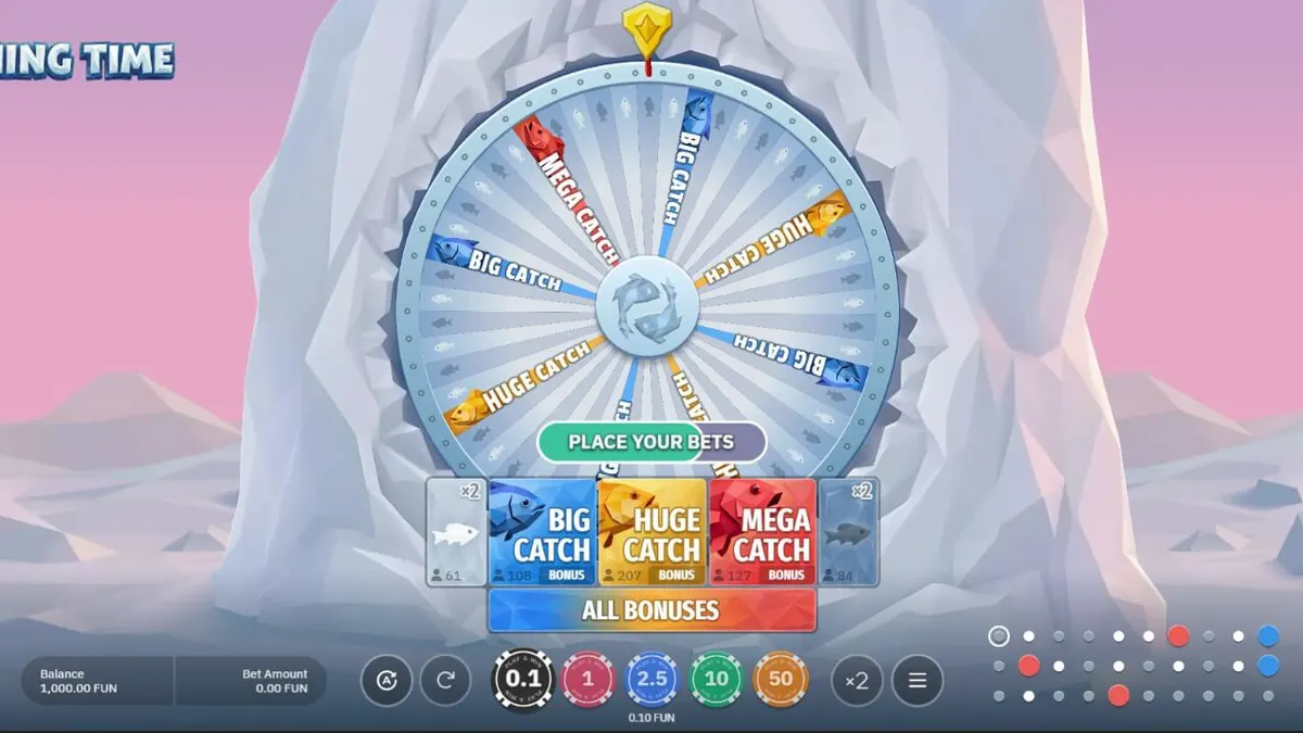 A roda de bônus do jogo Fishing Time em um cenário de inverno nórdico.